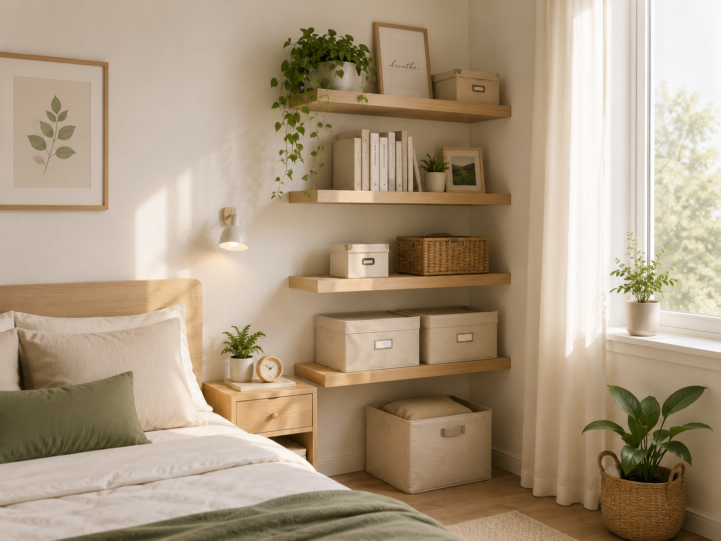Góc tường phòng ngủ nhỏ được bố trí kệ treo và hộp lưu trữ đẹp gọn gàng
